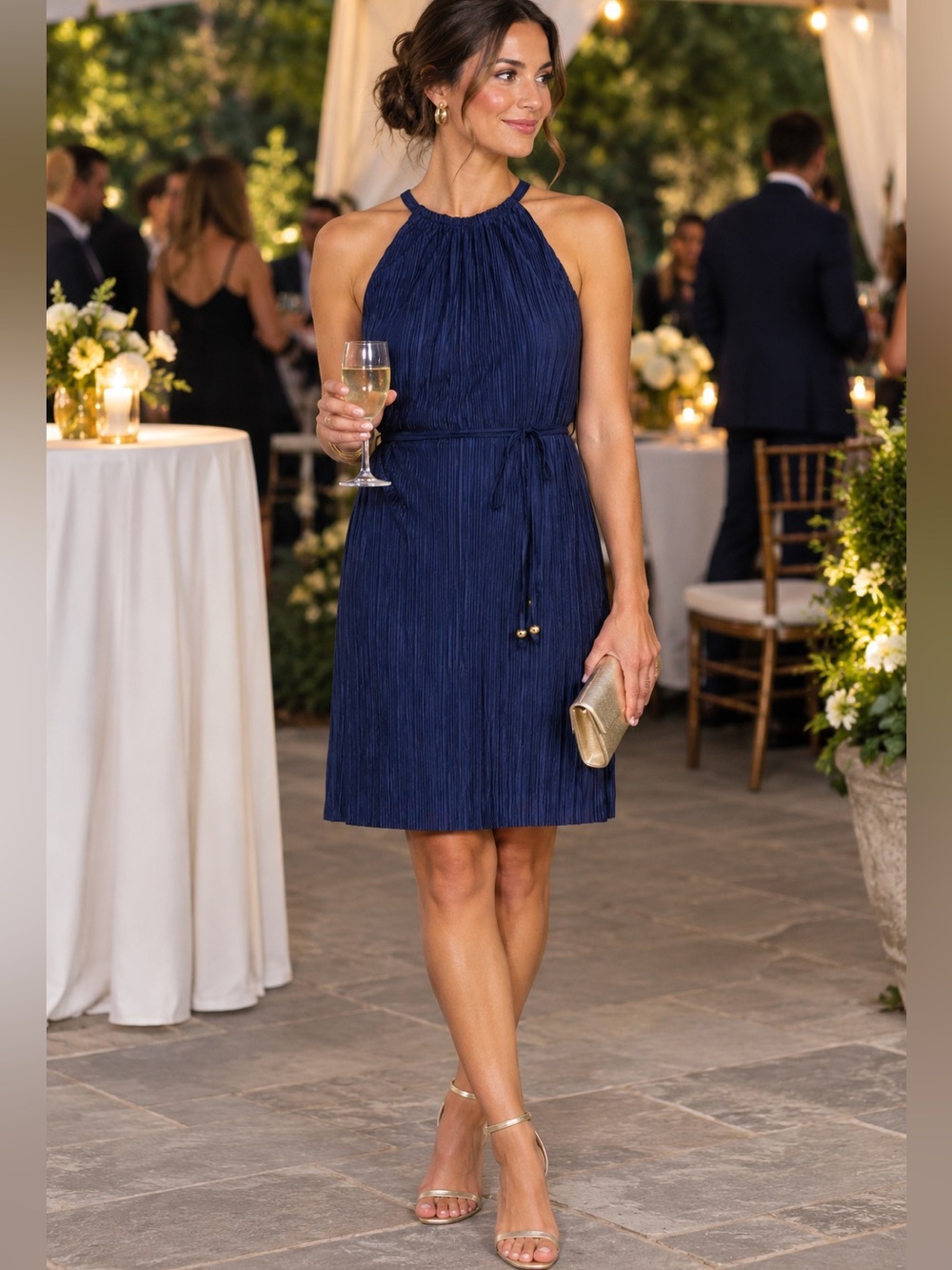 Vince Camuto High Neck Sleeveless Pleated Dress Navy Blue Size 4